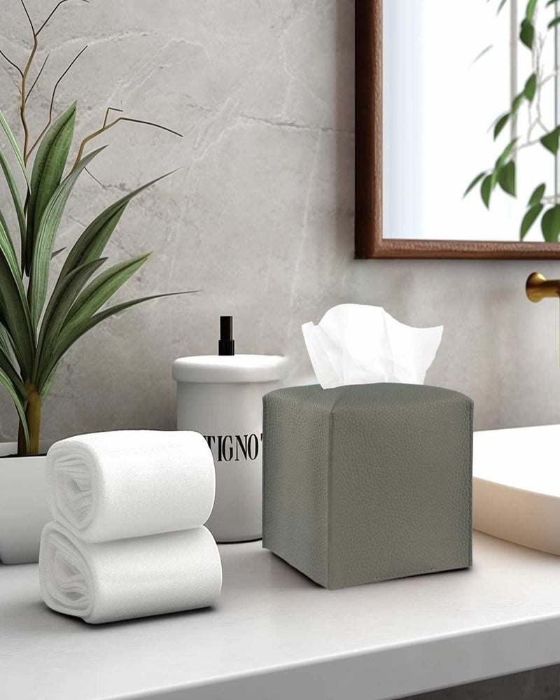 JESMINI Tissue Box Cover Tissue Holder - Square Leather Tissue Cover Box with Bottom Belt [JESMINI  Dark Grey] Decorative Tissue Box Holder for Bathroom/Night Stands/Office - Image 4